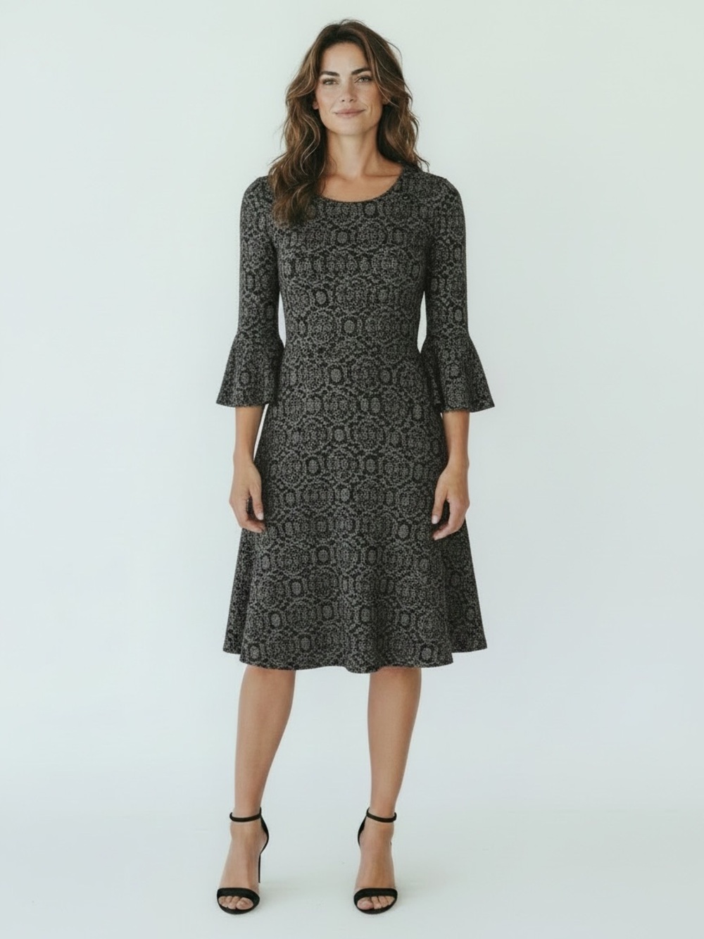 Tommy Hilfiger Black Medallion Fit-and-Flare Midi Dress Size 4
